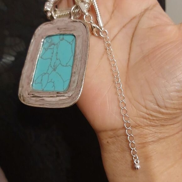 Boho Chunky Faux Turquoise Cabochon Pendant Snake Chain Necklace - Picture 5 of 6